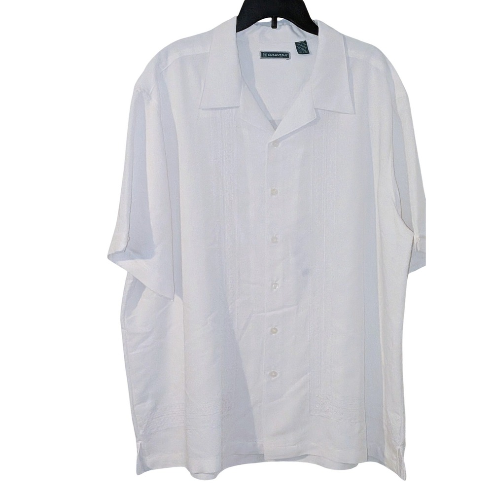 Cubavera Mens 2XL White Guayabera Short Sleeve Button Up Shirt Rayon Blend NEW